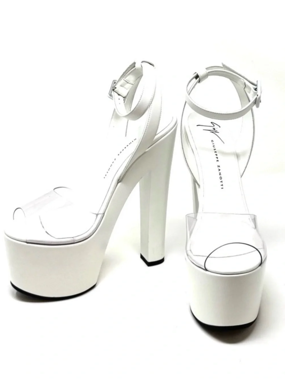 NWB Giuseppe Zanotti SAINTRO 150 PLATFORM SANDALS IN White LEATHER & PVC, U.S. 7